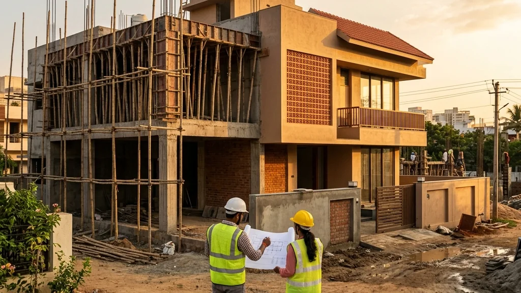 A Ciara Homes residence taking shape at golden hour, engineers reviewing plans on site in Bengaluru