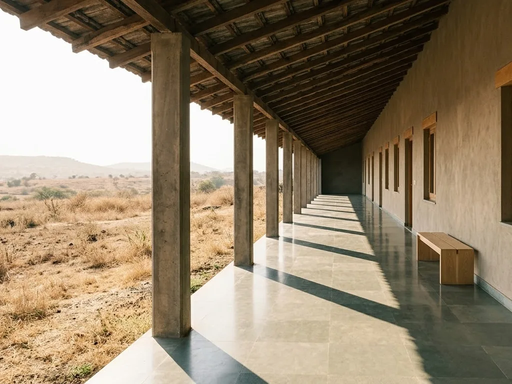 Looking along a deep farmhouse verandah, sunlight falling between the columns onto a stone floor