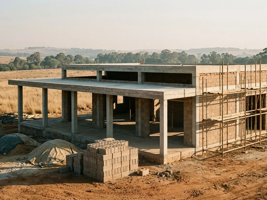 A farmhouse under construction on a rural plot, frame and roof slab complete