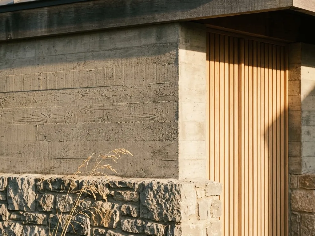 Farmhouse exterior detail where stone, board-formed concrete and timber slats meet