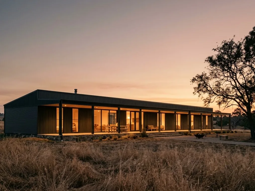 A contemporary farmhouse glowing with warm interior light at dusk