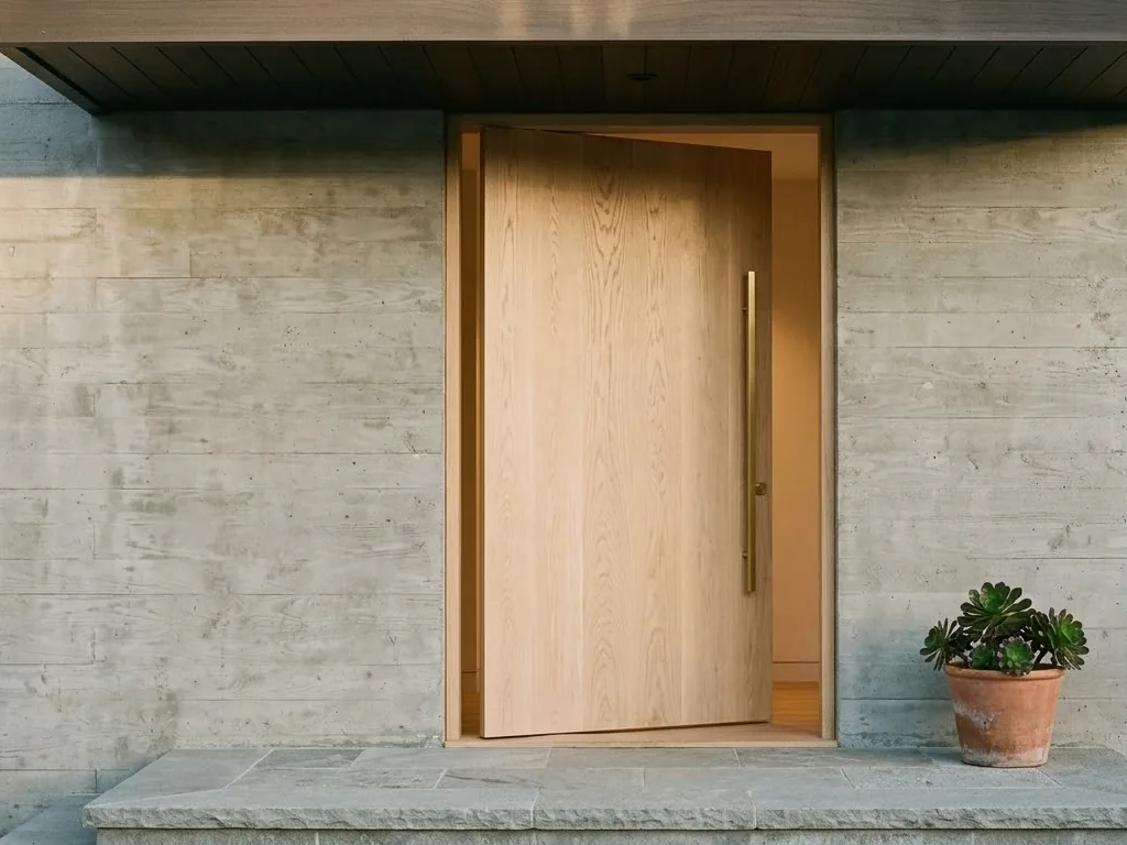 The finished pale oak front door of a farmhouse, slightly ajar with warm light inside
