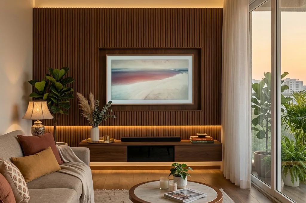 Living room with a feature TV wall by Ciara Homes