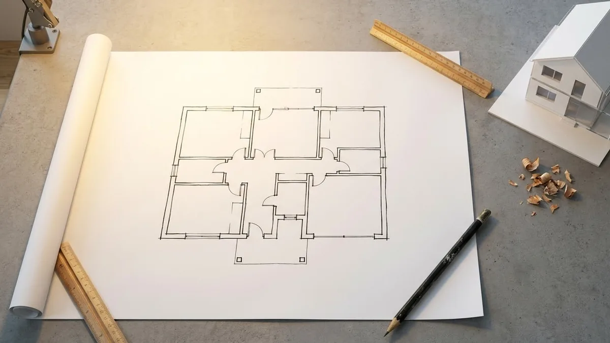 An unrolled floor plan weighted with a scale rule and pencil on a drafting table, beside a small white card-and-acrylic model of a two-storey house