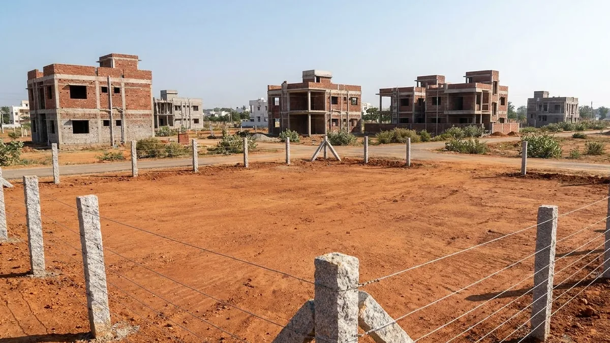 A levelled red-earth residential plot in a new Bangalore layout, fenced with granite stone posts and taut wire, with brick houses under construction across the road under a clear morning sky