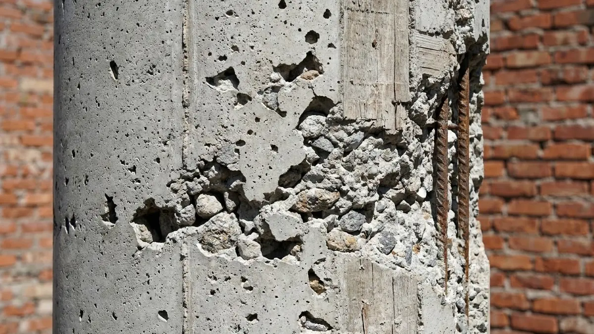 A close-up of a concrete column with honeycombing, visible voids and a steel reinforcement bar showing through at one edge
