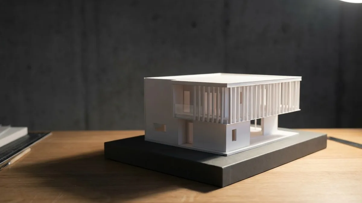 A white scale model of a contemporary flat-roofed home with a cantilevered upper floor and vertical louvre screen, lit from one side on a grey base