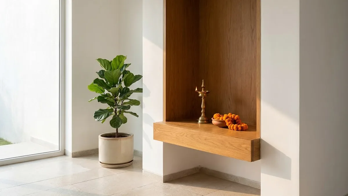 A minimalist oak pooja niche built into a white wall of a modern home, holding a brass oil lamp and a bowl of marigolds in soft morning daylight, with a potted fiddle-leaf fig by a tall window