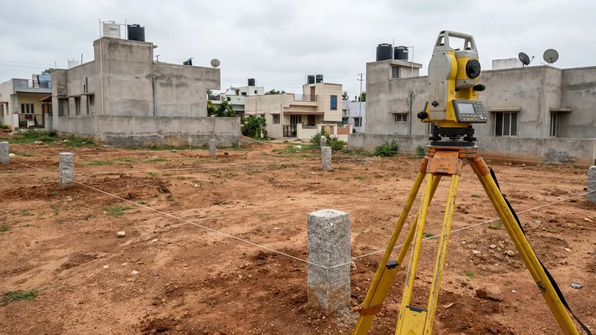 A surveyor’s total station on a yellow tripod set up on an empty residential plot in Bangalore, granite boundary marker stones linked by taut string lines across the red earth, houses with rooftop water tanks behind