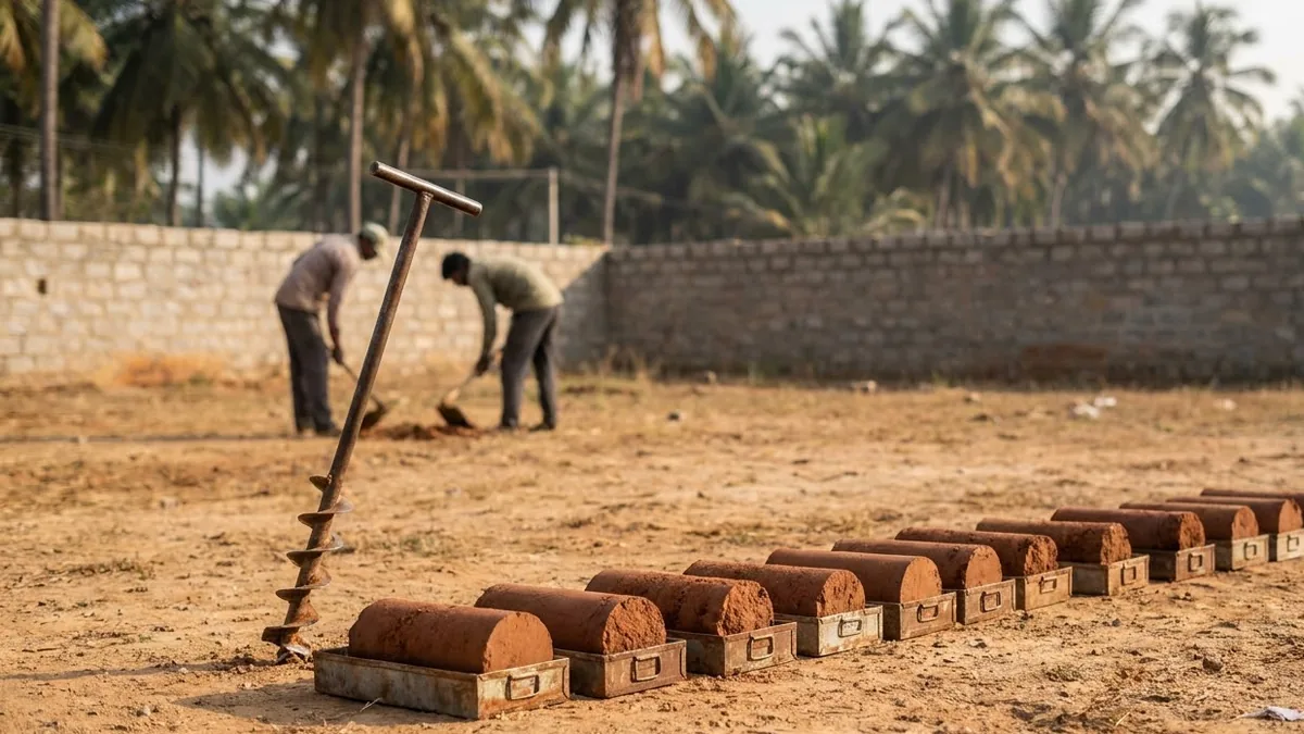 Soil core samples laid out in metal trays beside a hand auger on an empty red-earth plot in Bangalore, with a low compound wall behind