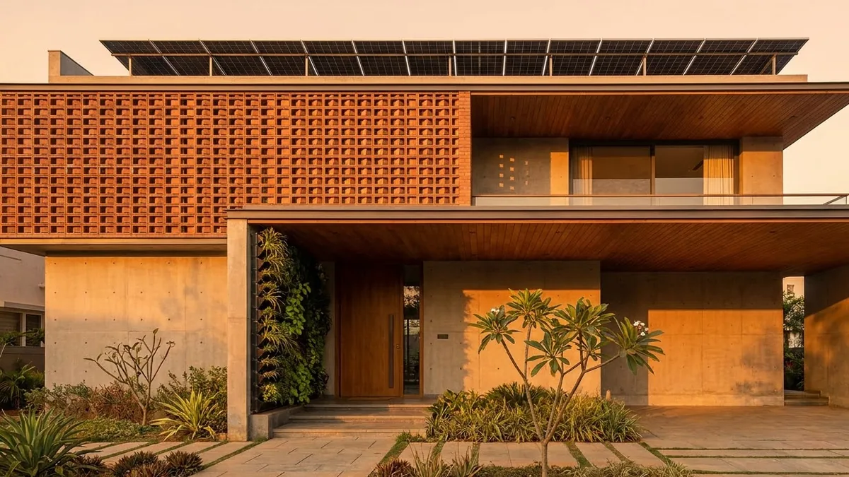 A contemporary Bangalore home at golden hour with a terracotta jali screen across the upper floor, rooftop solar panels and a vertical garden strip beside the entrance