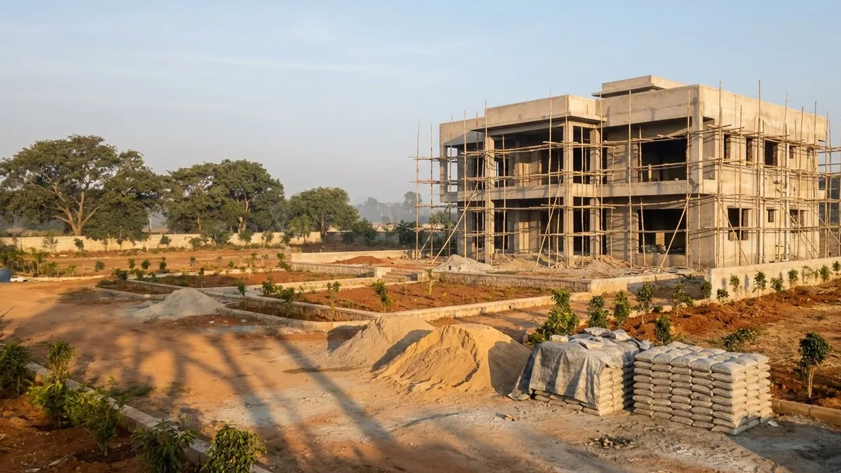 A two-storey villa under construction on a landscaped plot outside Bangalore, plastering underway behind scaffolding with cement bags and sand stacked in front